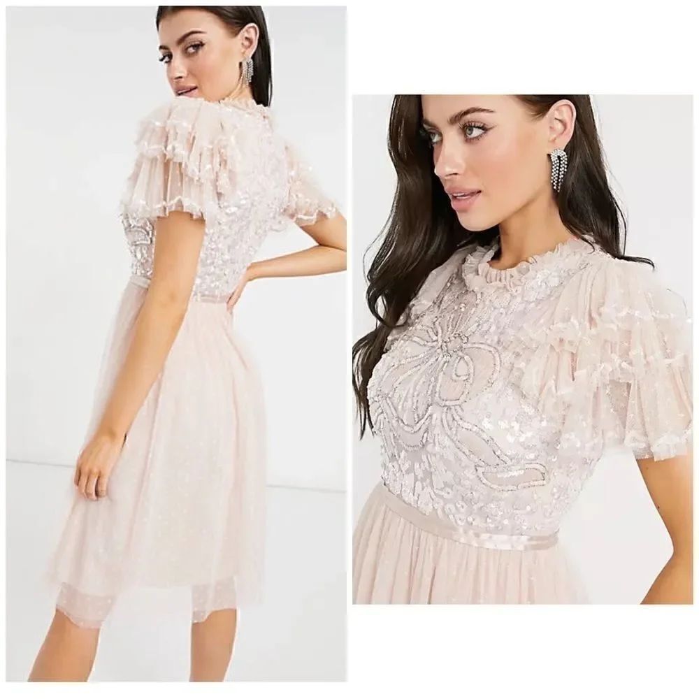 Needle & Thread embellished ruffle sleeve midi dress in blush nwt 6